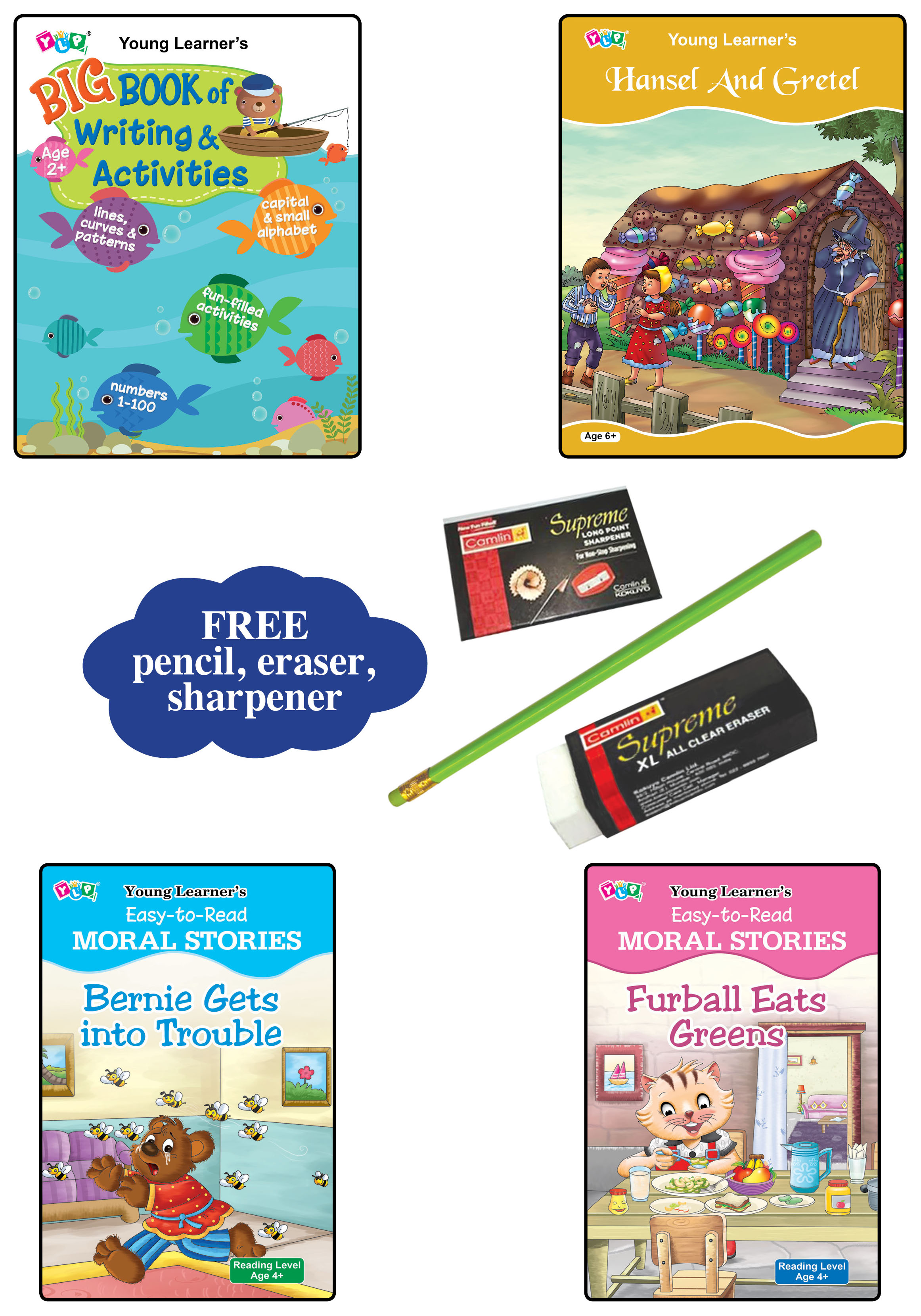 Set of 4 Books. Comes with FREE Pencil, Eraser and Sharpener